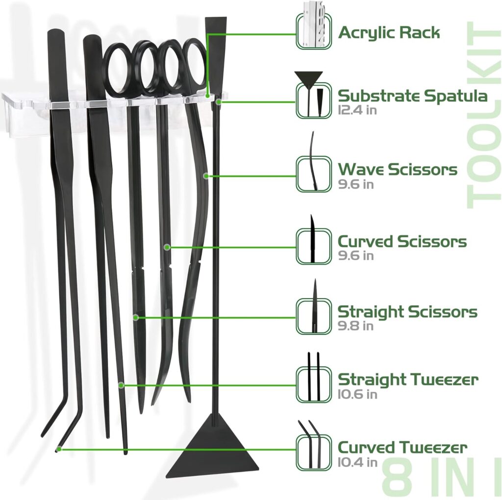 8 in 1 Aquascaping Tool Kit with Acrylic Storage Rack, Black Steel Aquatic Landscaping Equipment Perfect to Create A Stunning Underwater Scape for Fish Tank