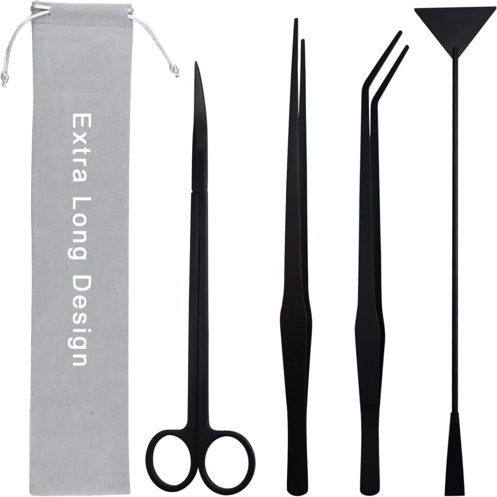 Aquarium Aquascape Tools Kit, Long 15 Inch Stainless Steel Aquatic Plants Tools, 4 in 1 Anti-Rust Aquascaping Tweezers Scissors Spatula Scrapers Tool Set for Fish Tank Cleaning Plant Trimming Shears