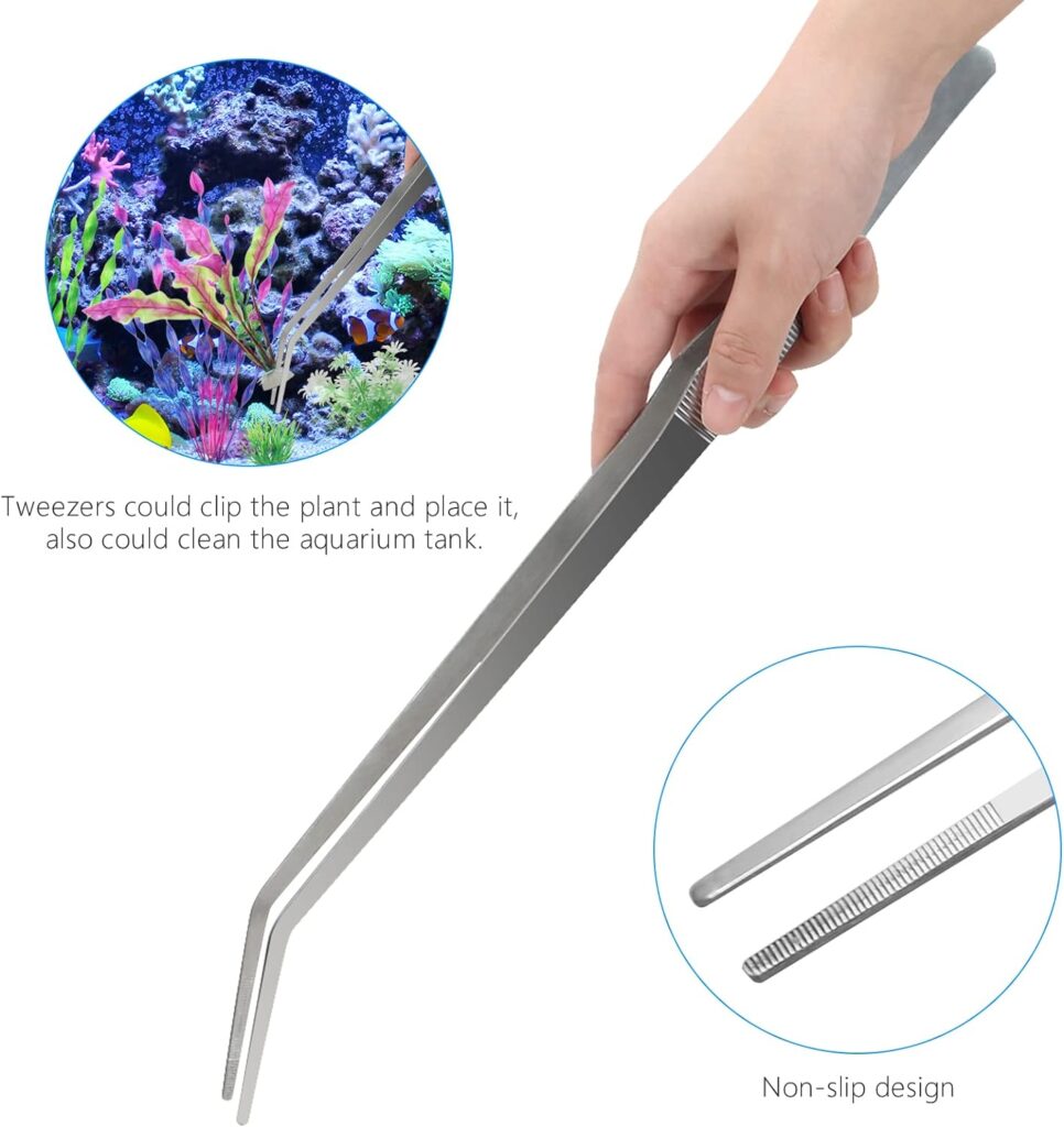 Liveek Aquarium Aquascape Tools Kit 15in, 4 in 1 Anti-Rust Aquatic Plant Aquascaping Tool Stainless Steel Silver Tweezers Scissor Spatula for Aquarium Tank Clean Fish Tank Aquascape Tool Set(Silver)