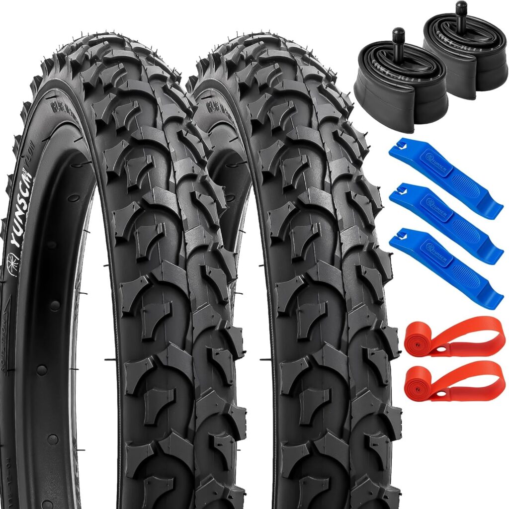 YUNSCM 14 Bike Tires 14 x 2.125/57-254 and 14 Bike Tubes Schrader Valve with 2 Rim Strips Compatible with Mountain/Off Road Bike 14x1.95 14x2.10 14x2.125 14x2.20 Bicycle Tires and Tubes (Y-1108)